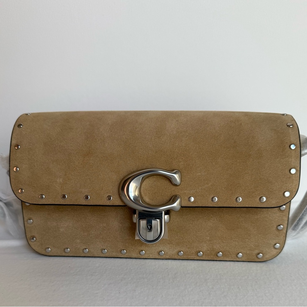 NWT Coach Studio Bag 20 Suede in silver/ Tan With Rivets Purses CU712